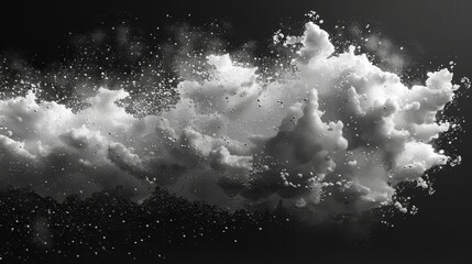   A monochrome image of a cloud in the sky, exhibiting precipitation as water droplets emerge from its top