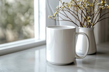 White Blank Mug Mockup in Photographic Scene created with Generative AI