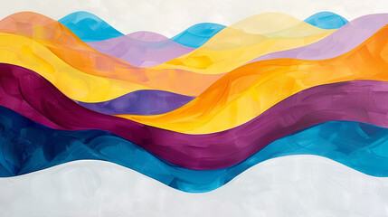 Vibrant waves of plum, azure, and lemon overlapping harmoniously on a pristine white field.