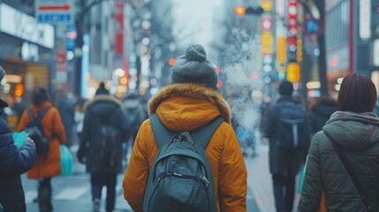 A busy city street with a large crowd of people walking around
