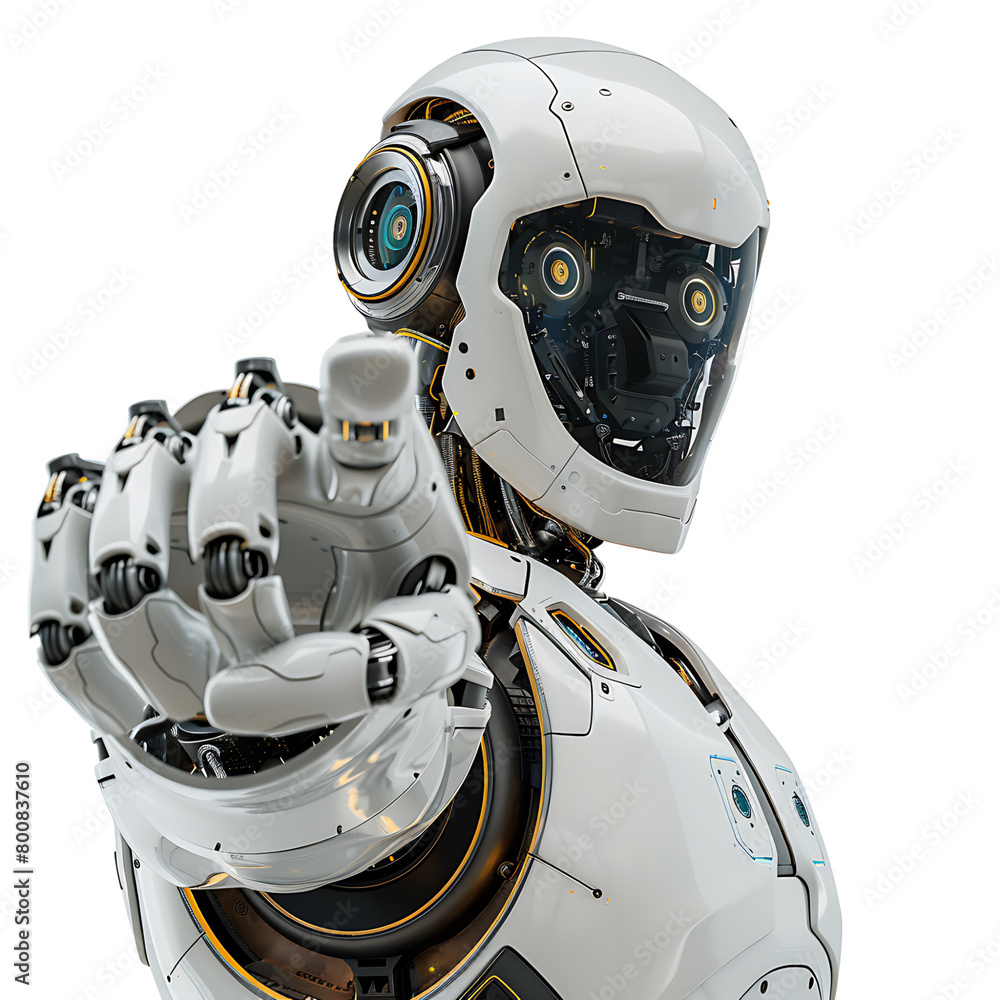Wall mural ai android robot pointing hand at front on isolated transparent background