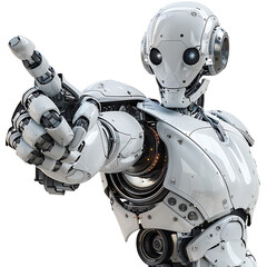 Ai android robot pointing hand at front on isolated transparent background