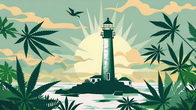 Illustration pushing through marijuana leaves to a view of a lighthouse over the ocean with the rising sun behind it. Video logo for New England based cannabis products company.