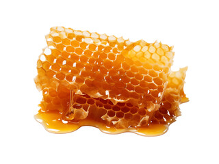 Stack of honeycomb pieces, with honey drips, isolated on transparent background. Generative AI