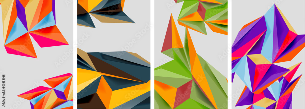 Poster a creative arts piece featuring a set of four colorful geometric designs inspired by plants and orga