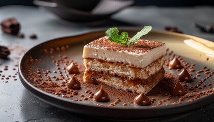 Close up of tiramisu dessert on a black and gold plate