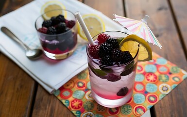 Delicious blackberry lemonade made with soda water and fresh ingredients on wooden table
