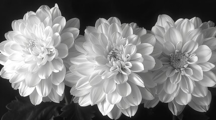   A monochrome image of three white chrysanthemums against a black backdrop