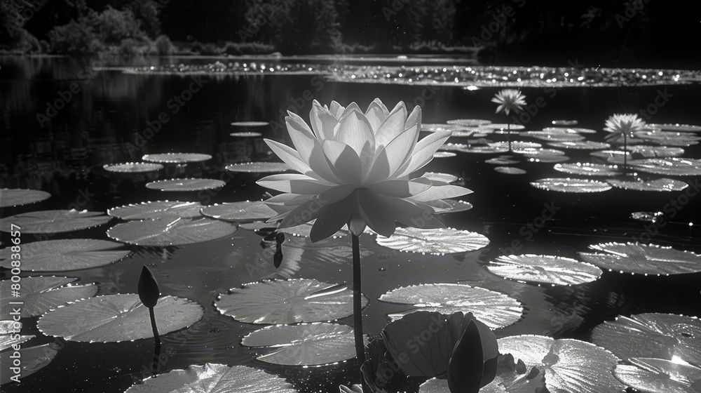 Poster a monochrome image of a lotus bloom in a pond, surrounded by lily pads in the foreground