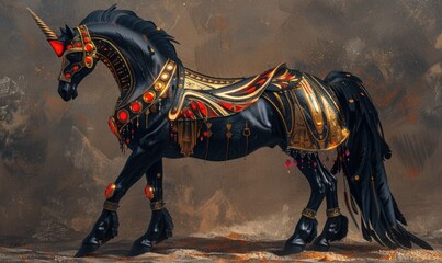 A black beautiful horse with gold jewelry and precious stones stands on the ground. Fantastic wallpaper.