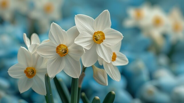   A cluster of white daffodils with yellow centres against a backdrop of blue and white blooms
