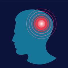 Vector head of a man with a headache sign. Disease of the head, brain in flat style. Medical assistance icon. 