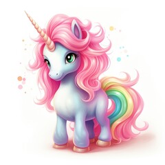 Unicorn With Rainbow Mane Standing by White Background
