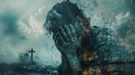 A man sits covering his face with his hands. Double exposure. Man and crosses. Theme of war, death, loss.