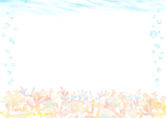 カラフルな珊瑚礁と波で形作った夏向け水彩フレーム。