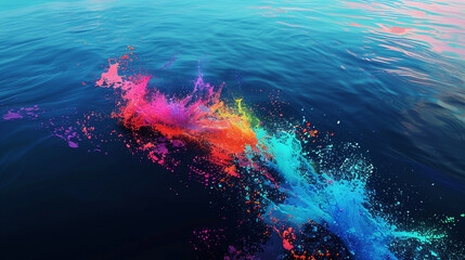 An aerial view of a calm sea transformed by a sudden, chaotic burst of neon paint splashes, with colors spreading like waves on the surface. 