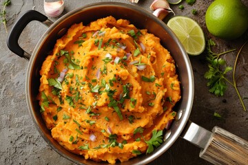 Close up top view of spiced sweet potato mash in a saucepan on a table