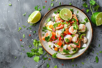 Close up top view of traditional ceviche with veggies and lime on a plate