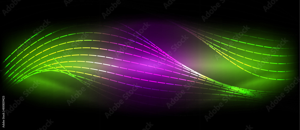 Poster a mesmerizing mix of purple and green waves on a dramatic black background, created using visual eff