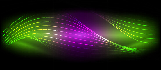 A mesmerizing mix of purple and green waves on a dramatic black background, created using visual effect lighting technology. The electric blue font adds a touch of magenta to the pattern in darkness
