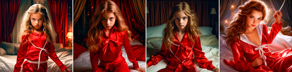 Playful and cute red satin nightwear with bow and arrow design Creative and fun photo concept for a sleepwear brand Ideal for a playful and flirty advertising campaign