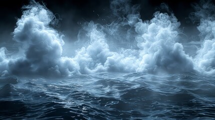   A cluster of clouds drifts above a water expanse, moonlit by a full lunar disk overhead