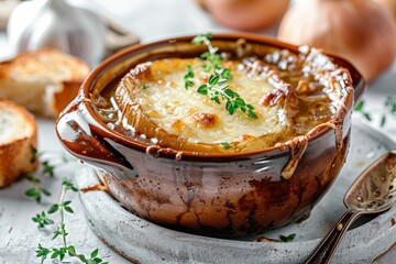Closeup of delicious homemade French onion soup on white table