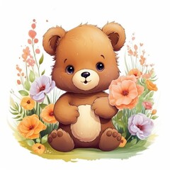 Cute bear in a clearing with flowers on a white background.