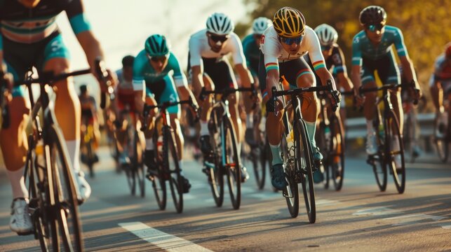 Bicycle race. Many people on bicycles participate in a bicycle race. Cycling competition, cyclist athletes riding a race at high speed. Sports and active lifestyle.