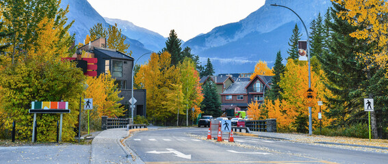 The streets of Canmore in autumn, canadian Rocky Mountains. Canmore is located in the Bow Valley near Banff National park and one of the most famous town in Canada