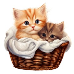 Two Kittens Sitting in a Basket. On White Background.