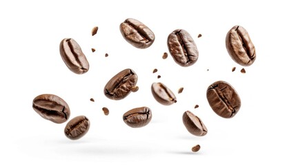 Coffee beans in flight on white background Ai generated