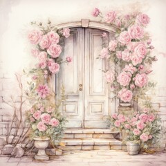 White door surrounded by pink roses