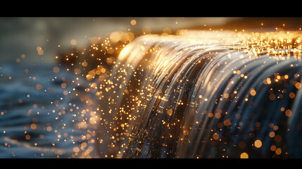 A cascade of golden light, flowing over an invisible edge, creating a waterfall of sparks in an...