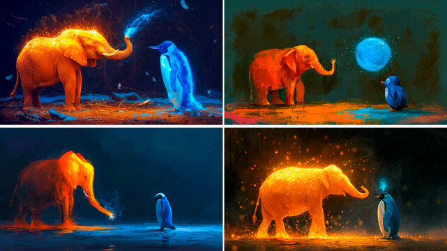 an orange elephant talks to a blue penguin. Unique and quirky characters come to life in an unusual setting. A bright and colorful interaction between two unusual friends.