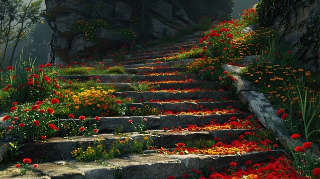 A garden path with stone steps going up. The path is lined with yellow and red flowers, and there are green plants on either side of the path.

