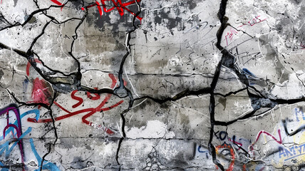 A dynamic interplay of distressed concrete cracks and graffiti art, where each tag adds a layer of...