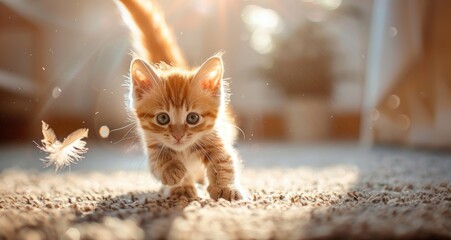 A small kitten runs along the carpet after a feather