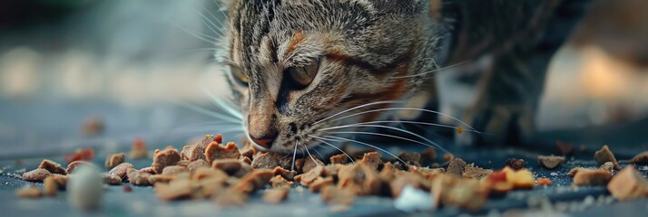 A homeless cat on the street eats dry food from the ground