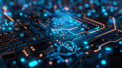Fototapeta na wymiar An electronic circuit board with blue lights 