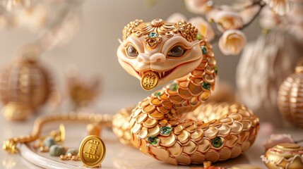Naklejka premium Golden snake. Christmas mood. Gift card. Symbol of the year according to the Chinese calendar