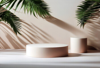 Obraz premium 'cylindrical pink wooden tropical cosmetic leaves Premium presentation shadow background wall scene beige abstract palm Minimal podium table poduim dais leaf'