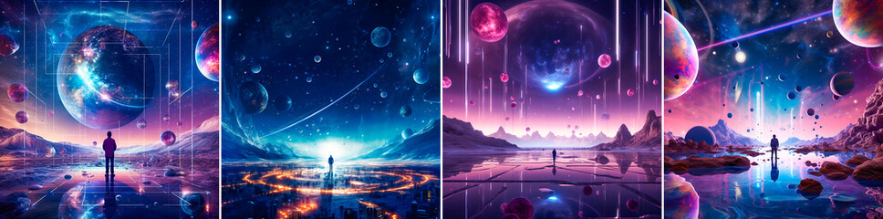 collage of 4 photos: Explore the quantum world in a calm and serene space. Illustrations of brush...