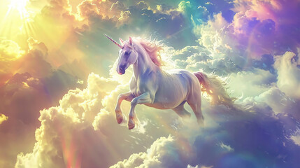 Unicorn rides on clouds in the sky. - obrazy, fototapety, plakaty