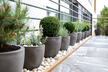 Contemporary garden and terrace design with gray fiberglass and stone pots filled with herbs and small pine trees on gravel and flagstone flooring by balcony wall