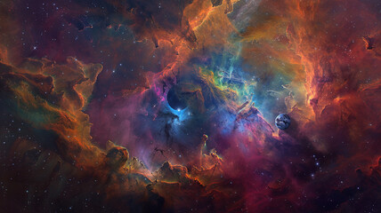 A spectacular view of a nebula, bursting with colors that seem to tell the story of the universe, with a planet perfectly positioned to witness this tale