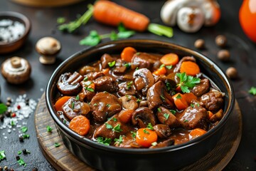 Contemporary twist on classic French beef stew in red wine sauce with mushrooms and carrots presented in a stylish casserole dish