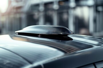 Contemporary shark fin antenna on carbon roof of sports car