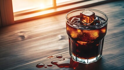 Glass of cola with ice on the table