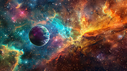 Obraz na płótnie Canvas A vibrant tapestry of space, where a starfield nebula in a spectrum of colors serves as the backdrop to a beautifully detailed planet